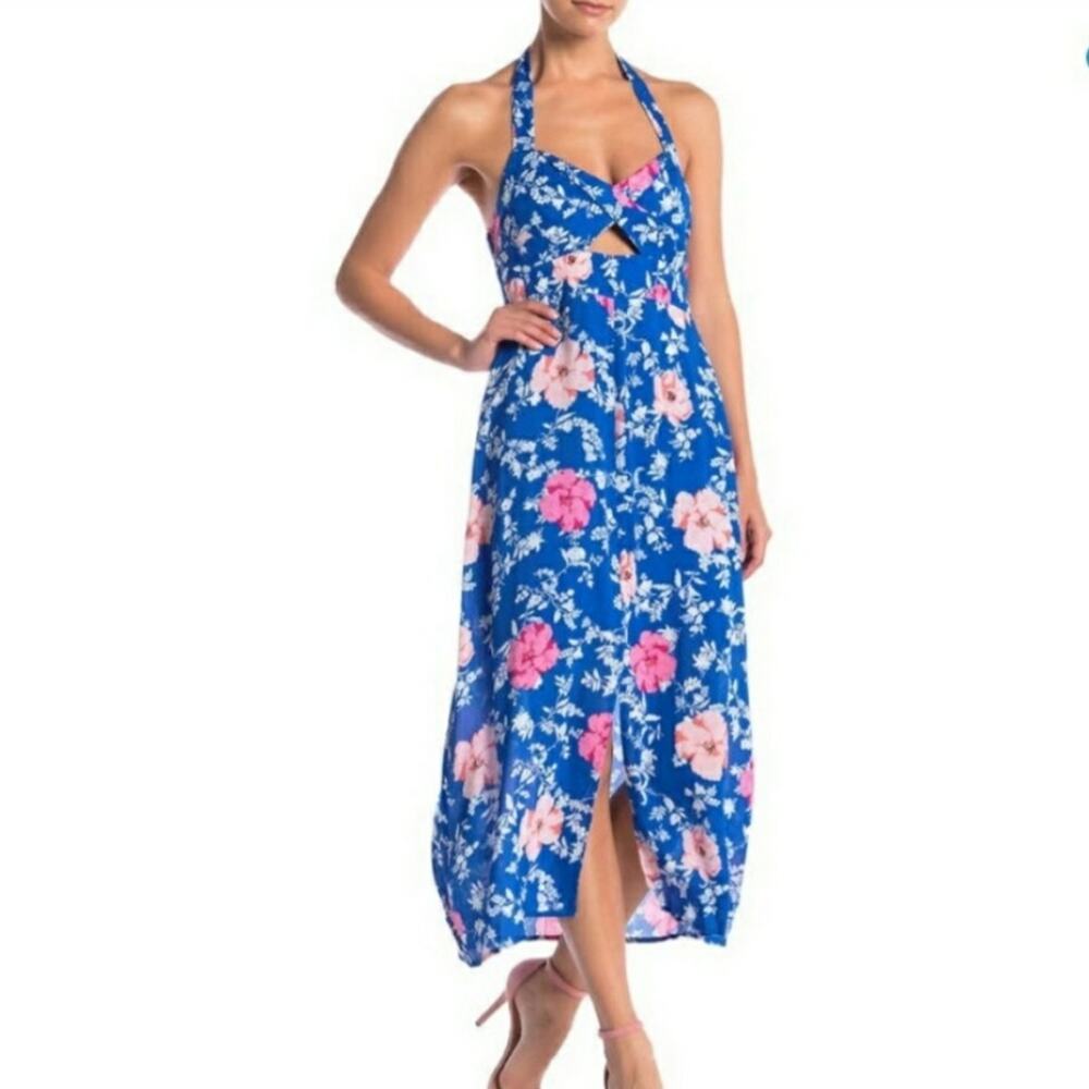 NWOT WAYF Ucca blue floral halter sleeveless backless midi dress size Large